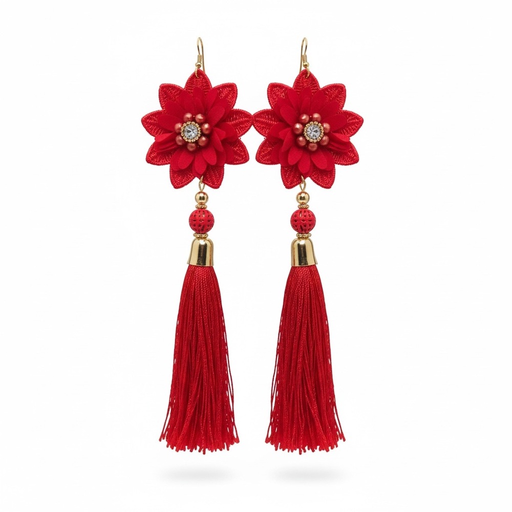 Elegant Red Floral Tassel Earrings